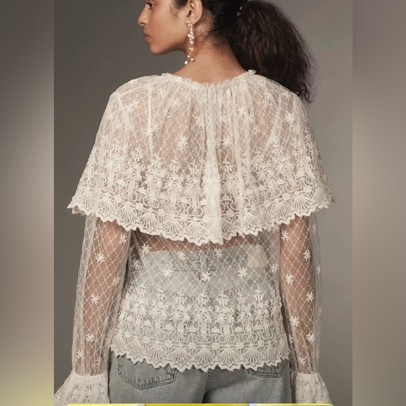 ANTHROPOLOGIE FOREVER  THAT GIRL LONG SLEEVE LACE-BIB BLOUSE SIZE M WHITE NWT - Picture 11 of 16